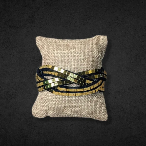 A12 Gold Disco Ball Wrap Bracelet Black Suede Metallic Crystal Rhinestone - Picture 2 of 12